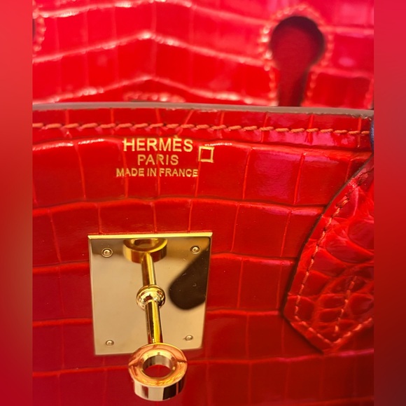 Rouge H Shiny Crocodile Porosus JPG Shoulder Birkin embossed PHW - Picture 9 of 10